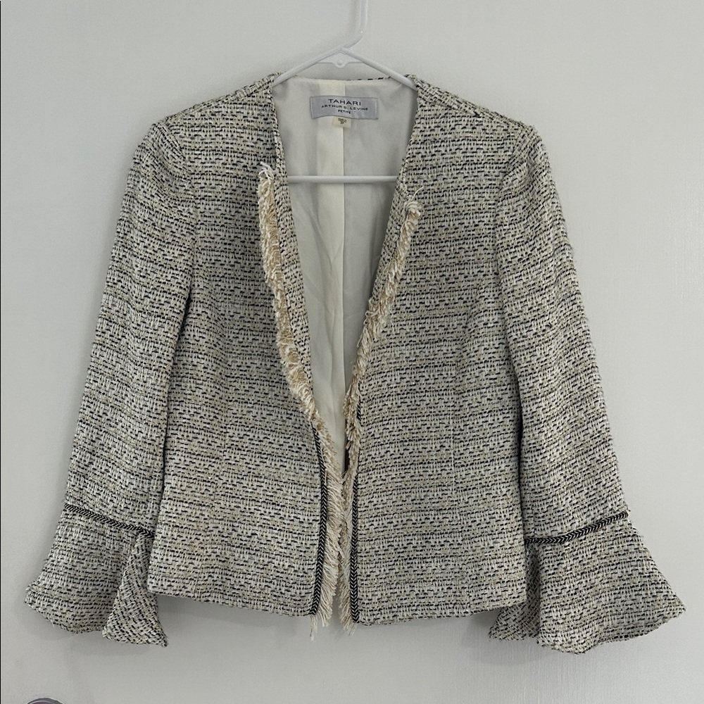 Tahari Black and Cream Tweed Blazer with Fringe